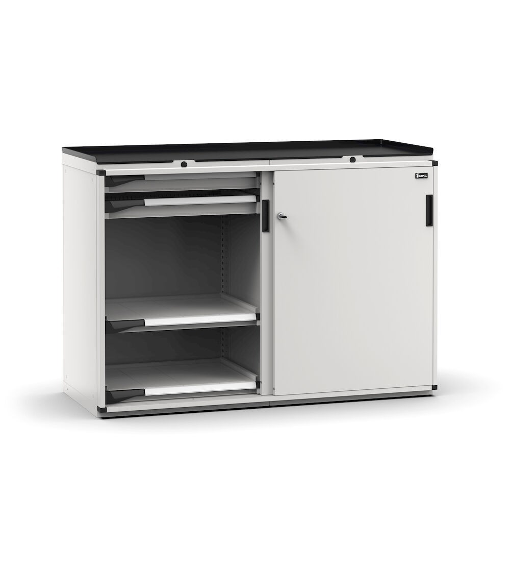 Armadietto portautensili con 2 ante scorrevoli, 4 cassetti, 4 piani estraibili, L714 x P573 x H1022 mm