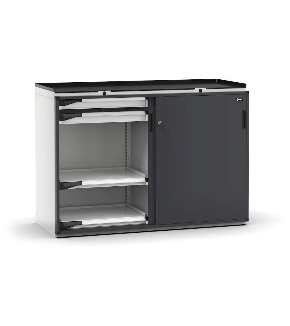 Armadietto portautensili con 2 ante scorrevoli, 4 cassetti, 4 piani estraibili, L714 x P573 x H1022 mm