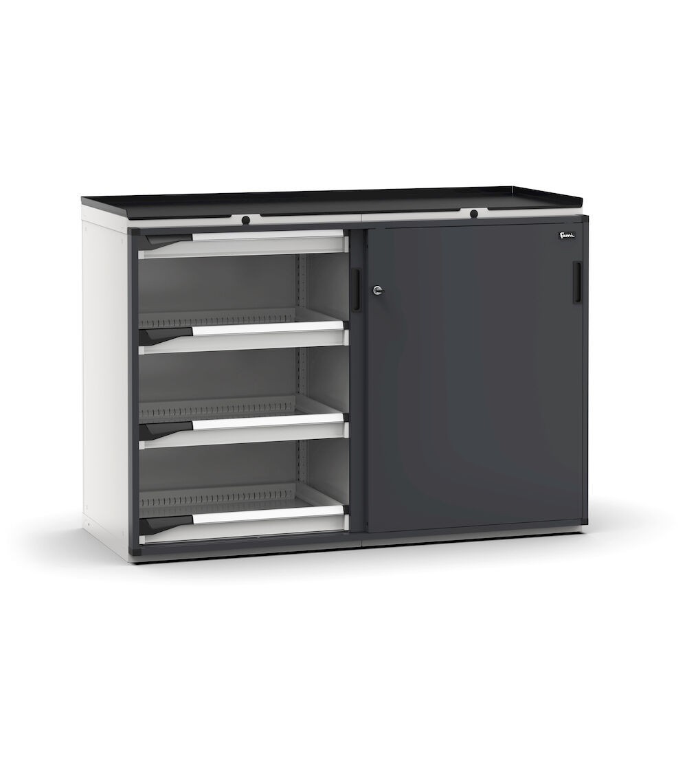 Armadietto portautensili con 2 ante scorrevoli, 8 cassetti, L714 x P573 x H1022 mm