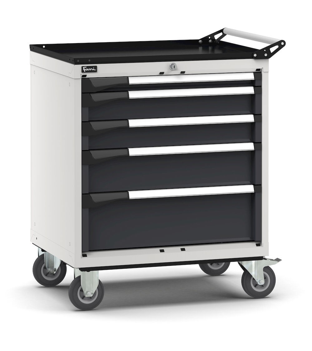 Cassettiera porta attrezzi con ruote, 5 cassetti 1x50 2x100 1x150 1x200, L714 x P573 x H922 mm