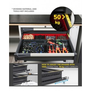 Cassettiera porta attrezzi con ruote, 5 cassetti  2x75 2x100 1x250, L714 x P573 x H922 mm