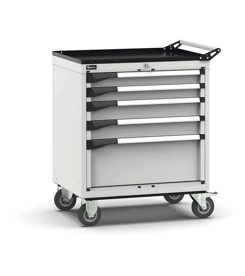 Cassettiera porta attrezzi con ruote, 5 cassetti  2x75 2x100 1x250, L714 x P573 x H922 mm