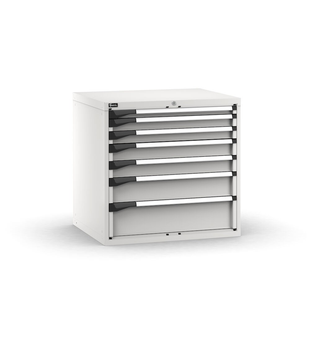 Blocco cassettiera da banco, 7 cassetti 1x50 2x75 2x100 1x150 1x200, L867 x P726 x H850 mm