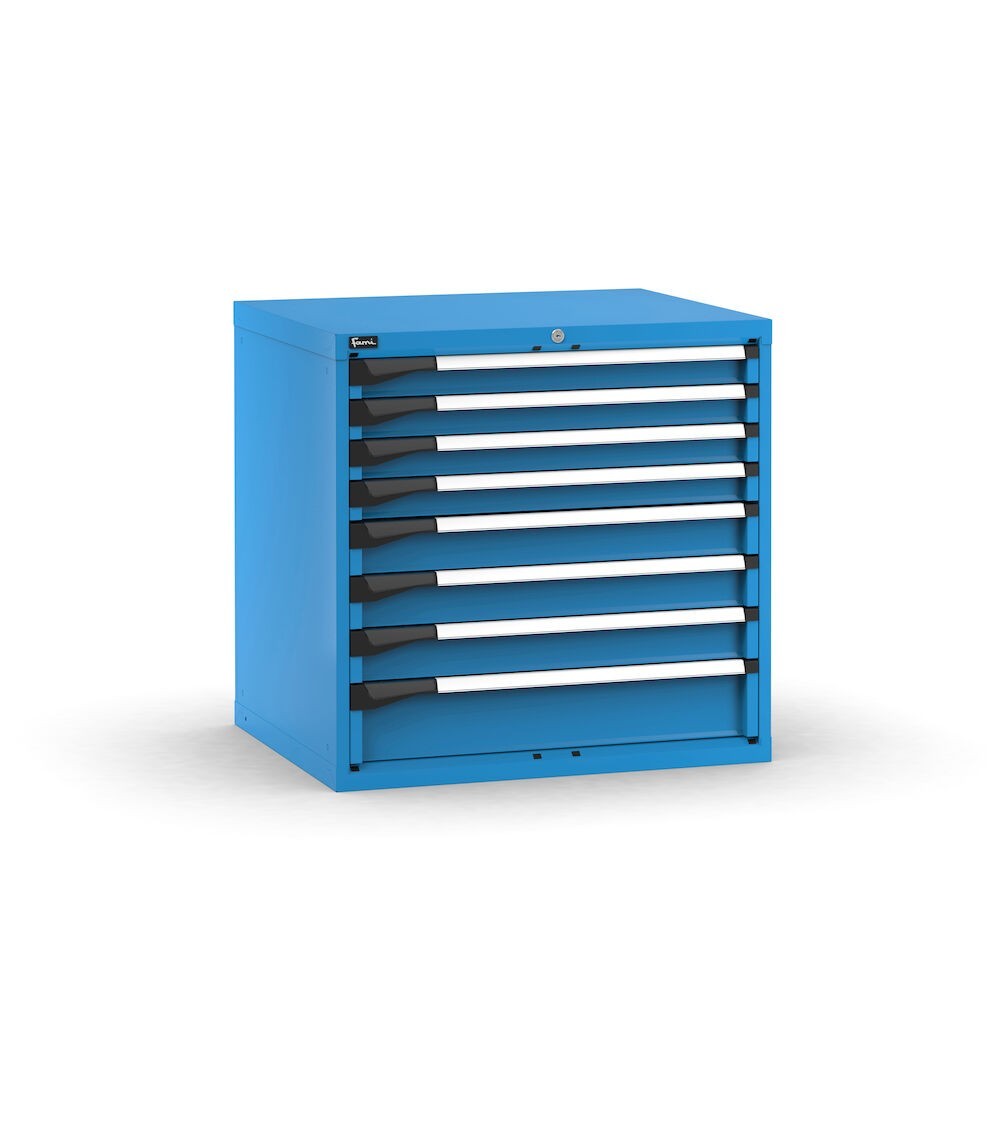 Blocco cassettiera da banco, 8 cassetti 4x75 3x100 1x150, L867 x P726 x H850 mm