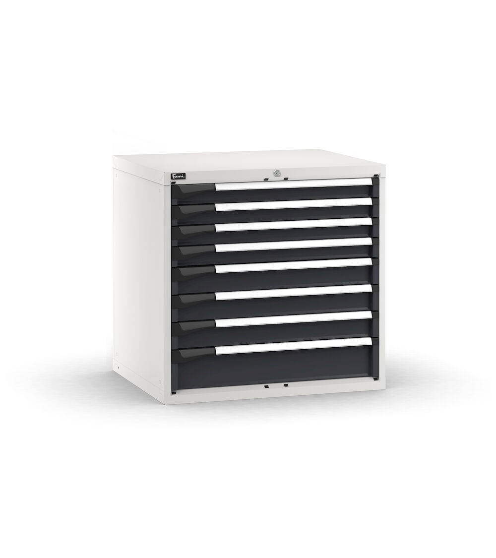 Blocco cassettiera da banco, 8 cassetti 4x75 3x100 1x150, L867 x P726 x H850 mm