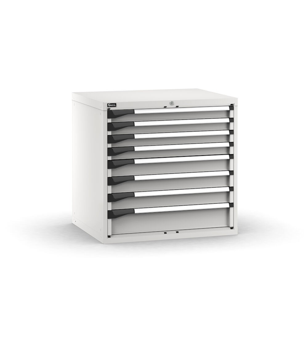 Blocco cassettiera da banco, 8 cassetti 4x75 3x100 1x150 ad estrazione telescopica, L867 x P726 x H850 mm