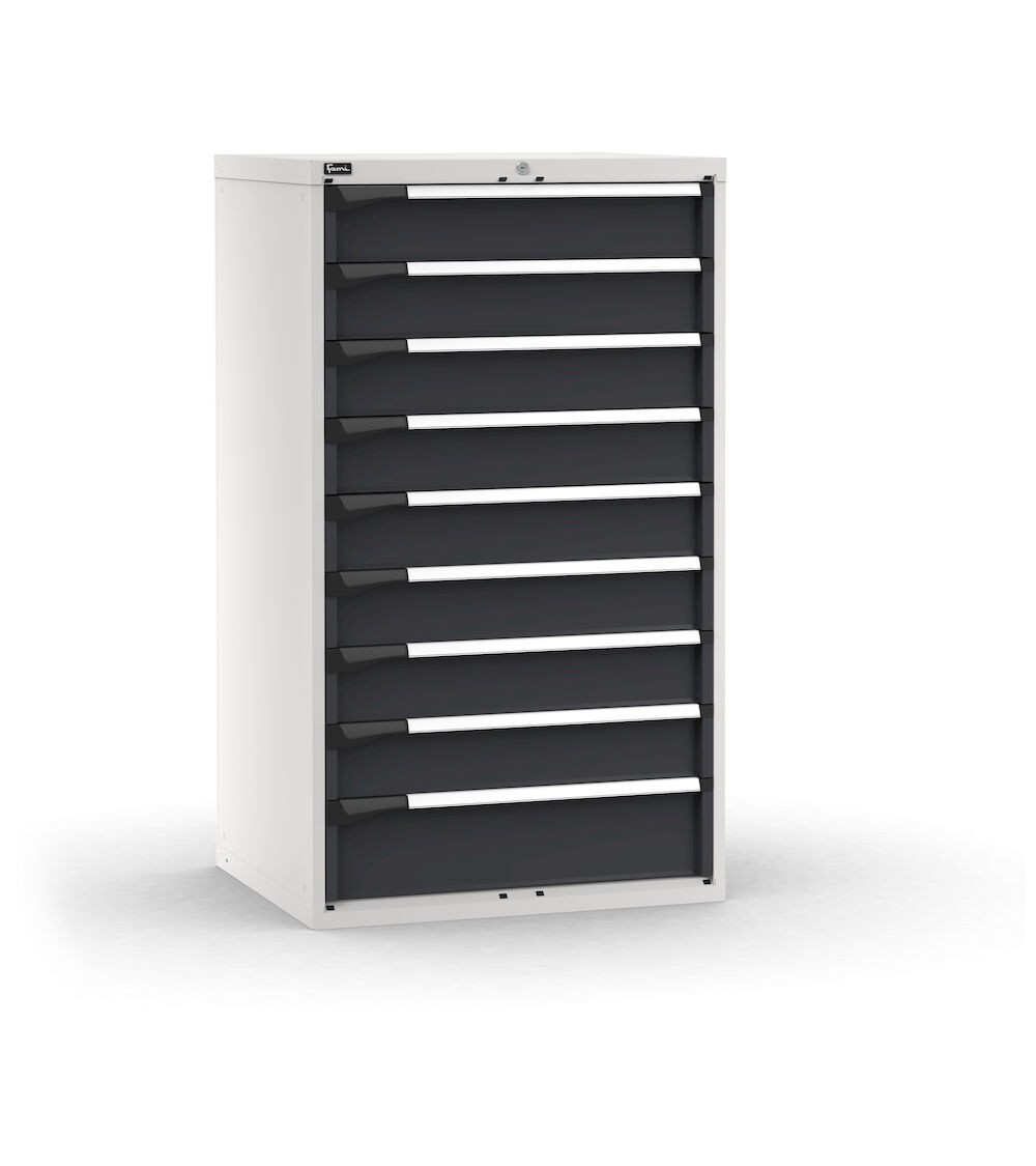 Cassettiera porta attrezzi, 9 cassetti ad estrazione telescopica 8x150 1x200, L867 x P726 x H1500 mm