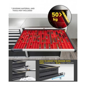 Cassettiera porta attrezzi, 7 cassetti 2x75 1x100 3x150 1x200, L1020 x P573 x H1000 mm