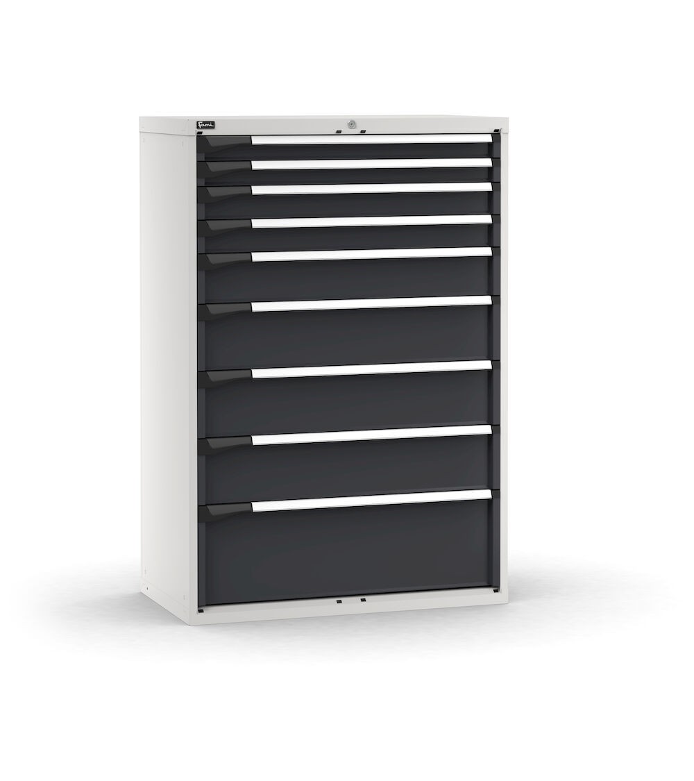 Cassettiera porta attrezzi, 9 cassetti 2x75 2x100 1x150 3x200 1x300, L1020 x P573 x H1500 mm