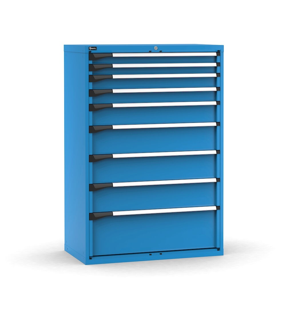 Cassettiera porta attrezzi, 9 cassetti 2x75 2x100 1x150 3x200 1x300, L1020 x P573 x H1500 mm