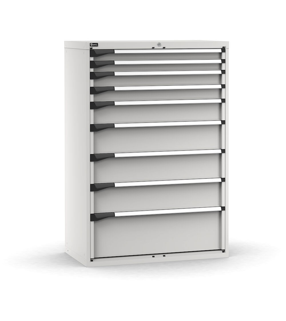 Cassettiera porta attrezzi, 9 cassetti 2x75 2x100 1x150 3x200 1x300, L1020 x P573 x H1500 mm