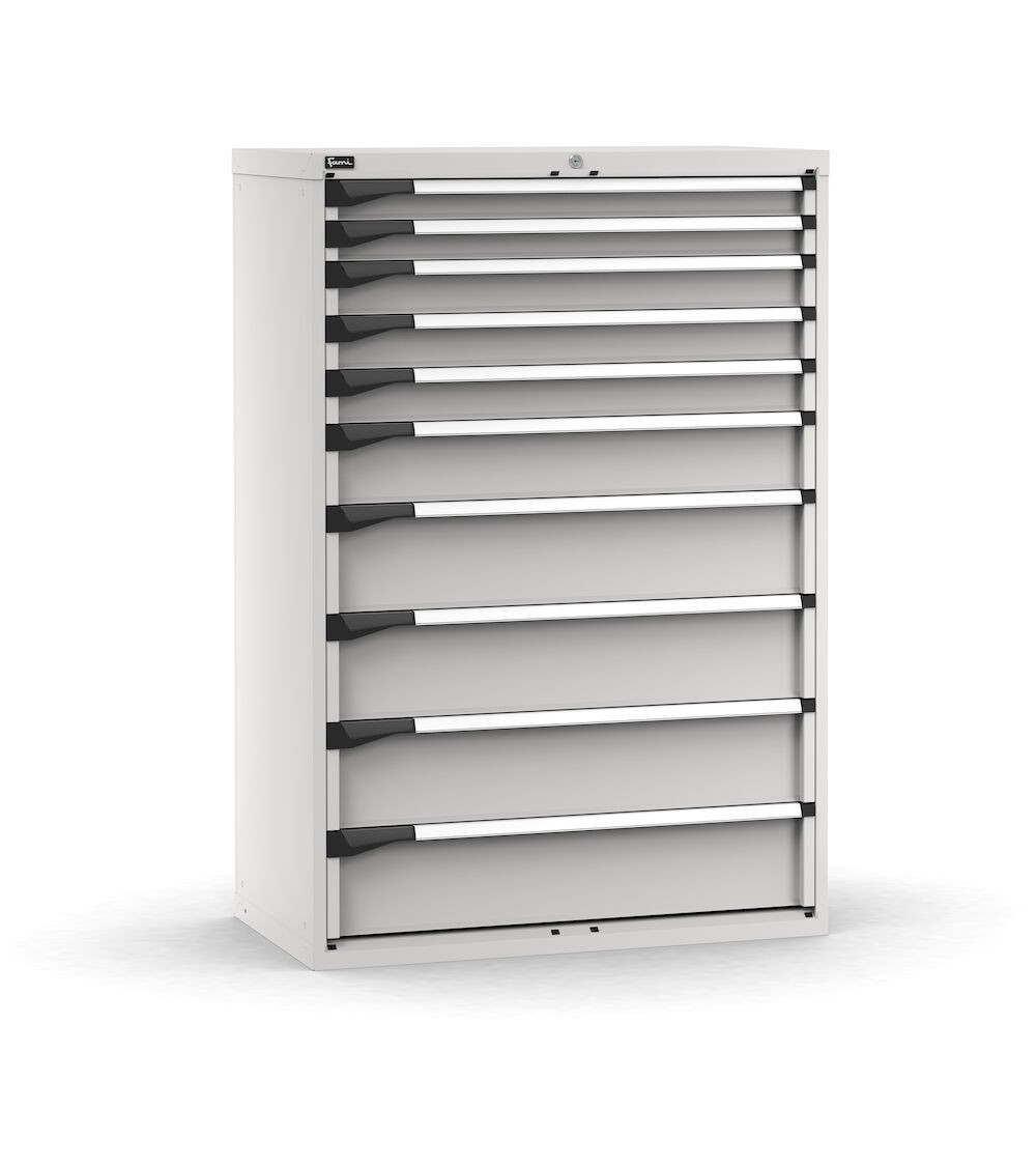 Cassettiera porta attrezzi, 10 cassetti ad estrazione telescopica 2x75 3x100 1x150 4x200, L1020 x P573 x H1500 mm