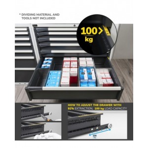 Armadio portautensili con porte a 3 cassetti, 2 piani regolabili, 2 piani estraibili, L1020 x P573 x H2000 mm