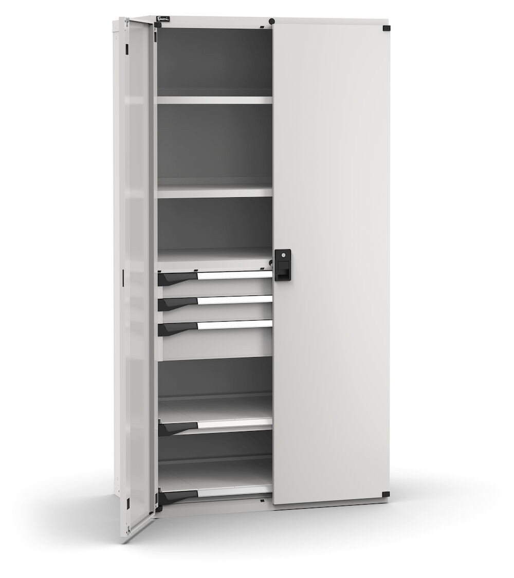 Armadio portautensili con porte a 3 cassetti, 2 piani regolabili, 2 piani estraibili, L1020 x P573 x H2000 mm