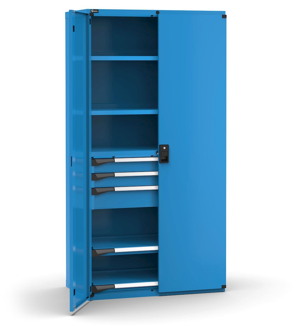 Armadio portautensili con porte a 3 cassetti, 2 piani regolabili e 2 piani estraibili, L1020 x P573 x H2000 mm