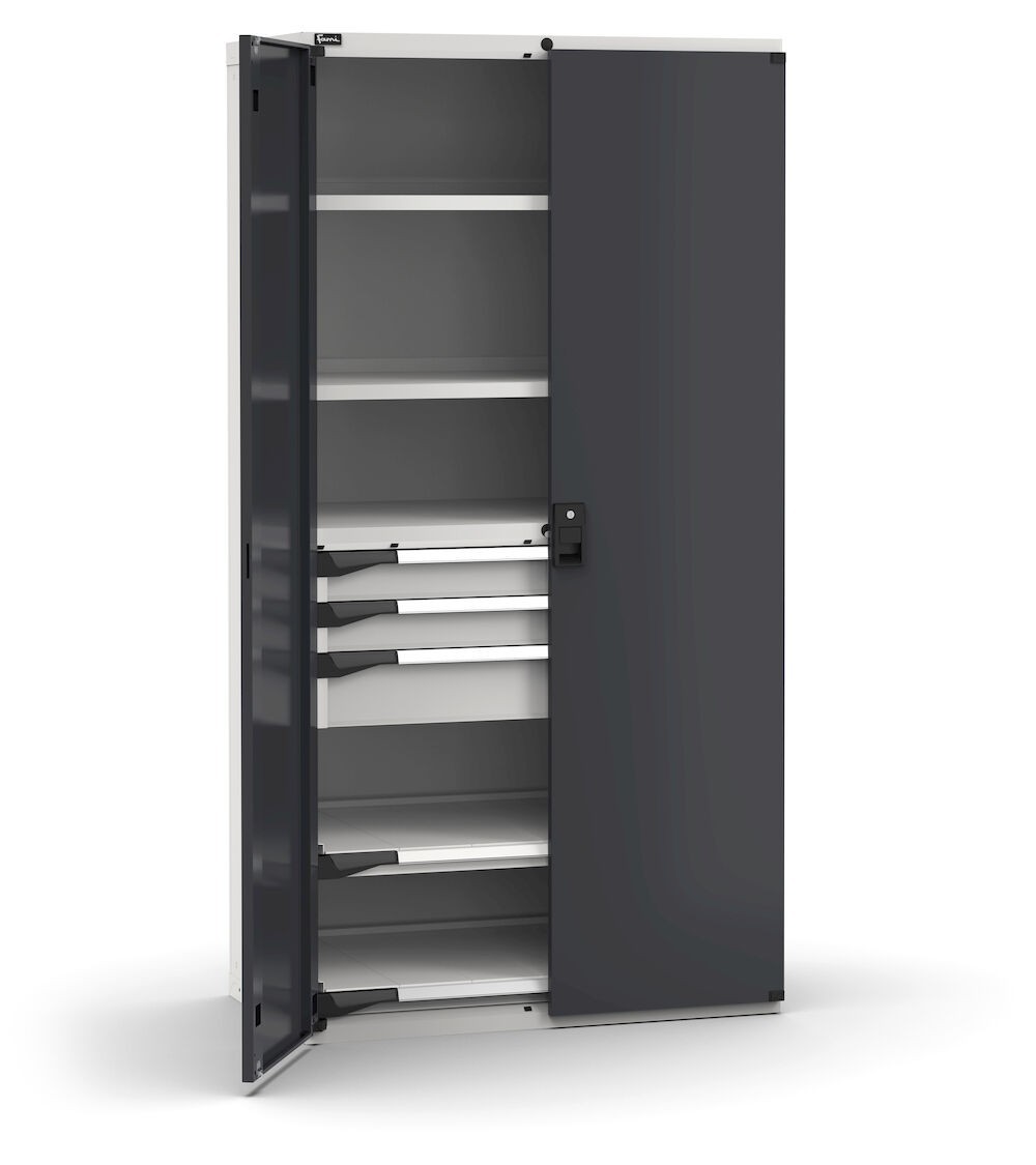 Armadio portautensili con porte a 3 cassetti, 2 piani regolabili e 2 piani estraibili, L1020 x P573 x H2000 mm