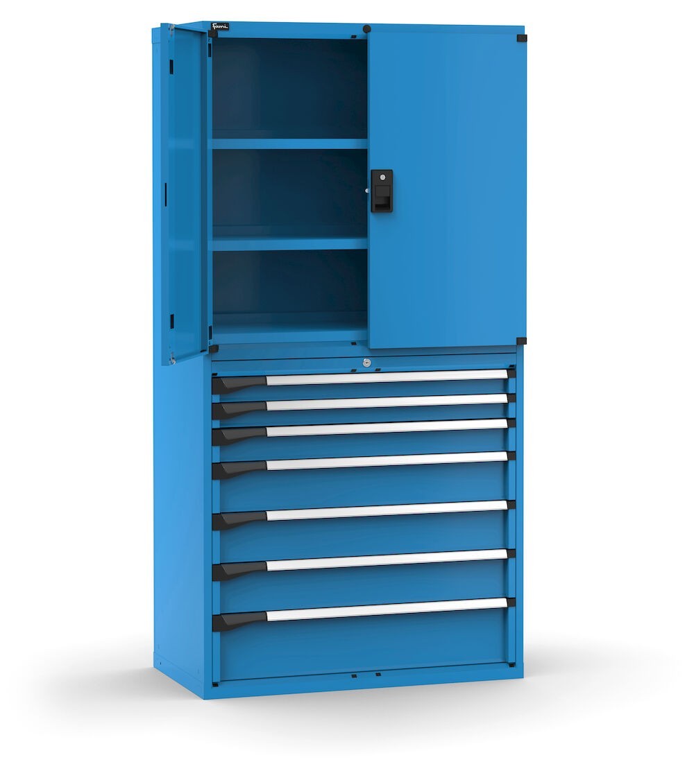 Armadio portautensili con porte a 7 cassetti, 3 piani regolabili, L1020 x P573 x H2000 mm