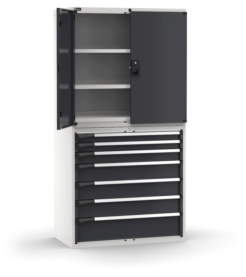 Armadio portautensili con porte a 7 cassetti, 3 piani regolabili, L1020 x P573 x H2000 mm