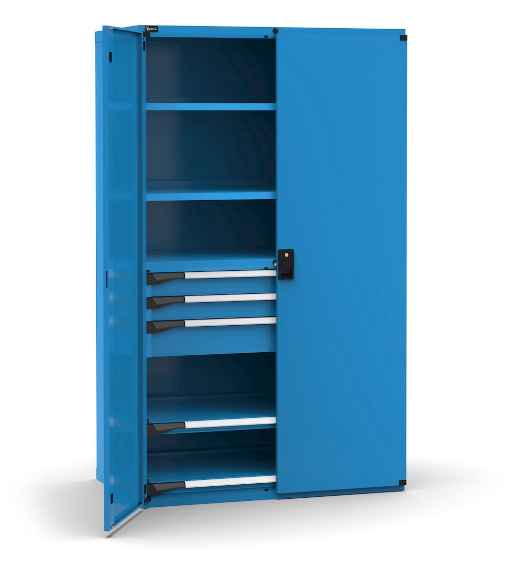 Armadio portautensili con porte a 3 cassetti 2X100 1X150, 2 piani regolabili, 2 piani estraibili, L1190 x P726 x H2000 mm