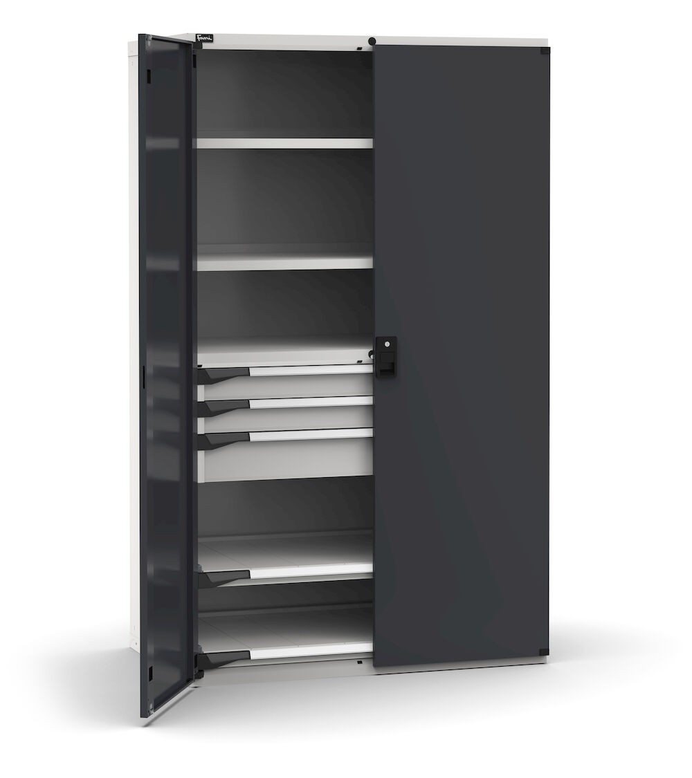 Armadio portautensili con porte a 3 cassetti 2X100 1X150, 2 piani regolabili, 2 piani estraibili, L1190 x P726 x H2000 mm