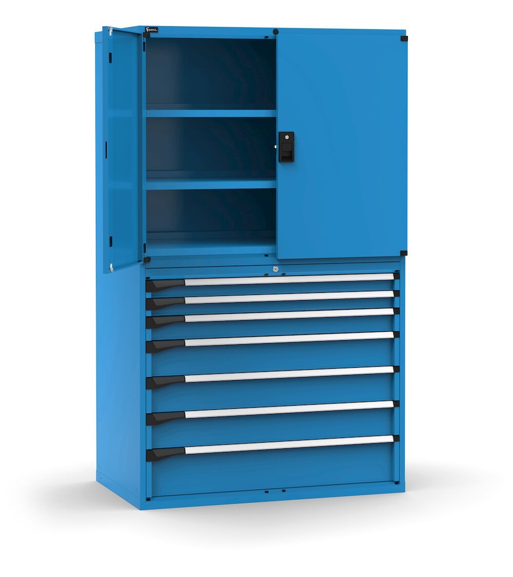 Armadio portautensili con porte, 7 cassetti e 3 piani regolabili,  L1190 x P726 x H2000 mm