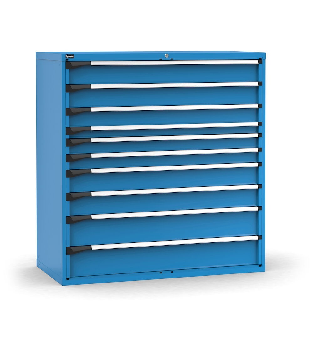 Cassettiera porta attrezzi, 10 cassetti 2x150 1x125 1x75 2x100 2x150 2x200, L1428 x P726 x H1500 mm