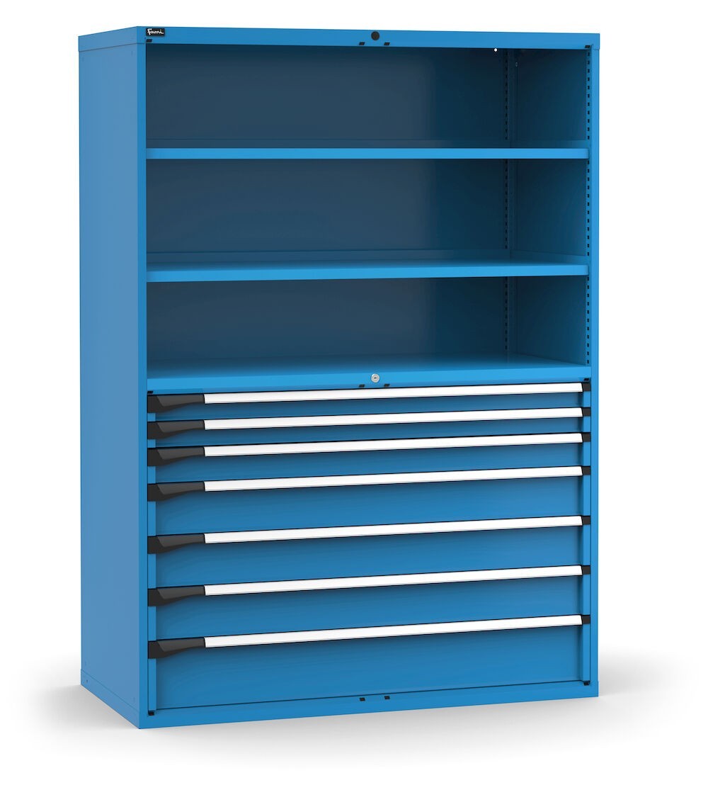 Armadio portautensili a 7 cassetti e 2 piani regolabili, L1428 x P726 x H2000 mm