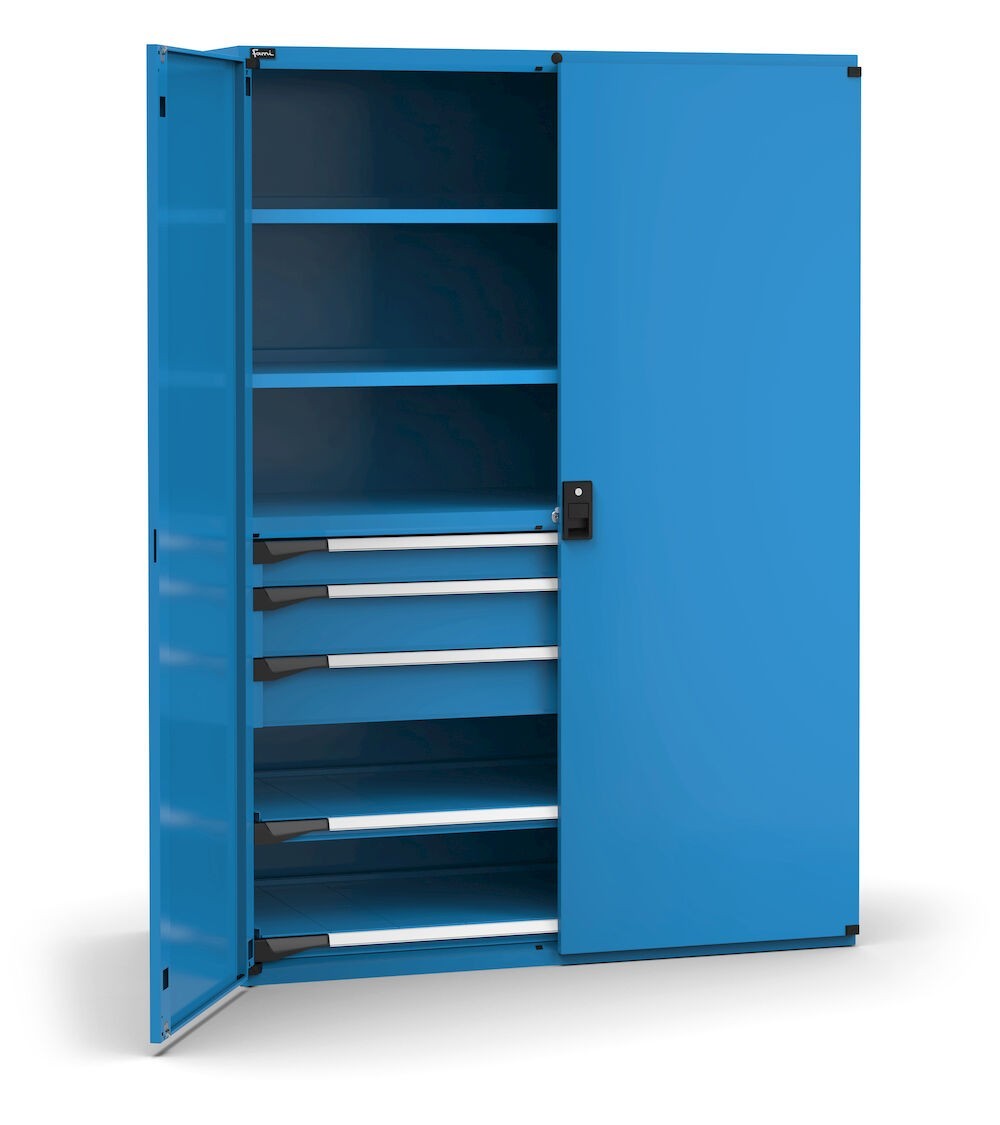 Armadio portautensili con porte a 3 cassetti 2X100 1X150, 2 piani regolabili, 2 piani estraibili, L1428 x P726 x H2000 mm