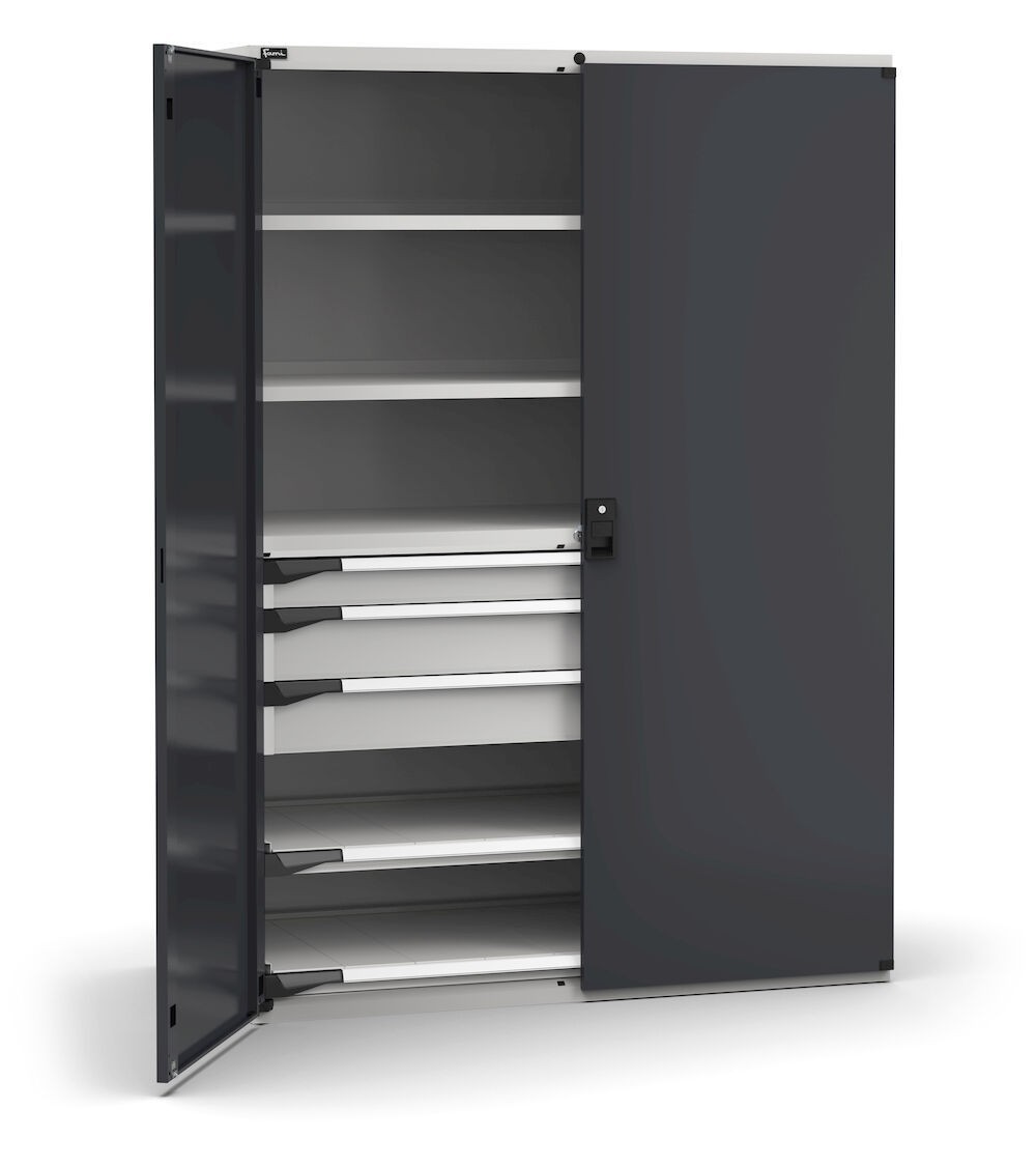 Armadio portautensili con porte a 3 cassetti 2X100 1X150, 2 piani regolabili, 2 piani estraibili, L1428 x P726 x H2000 mm