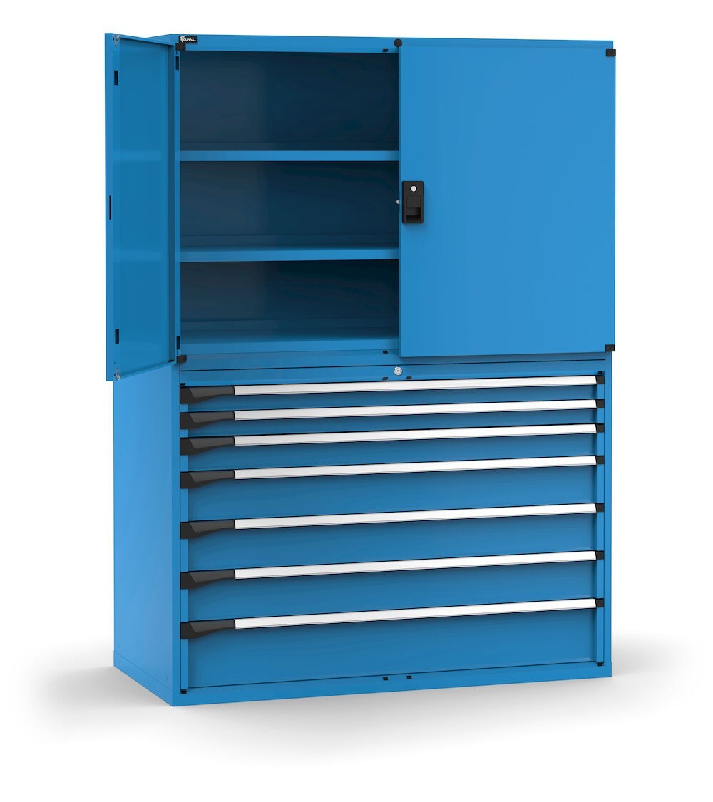 Armadio portautensili a 7 cassetti e 3 piani regolabili, L1428 x P726 x H2000 mm