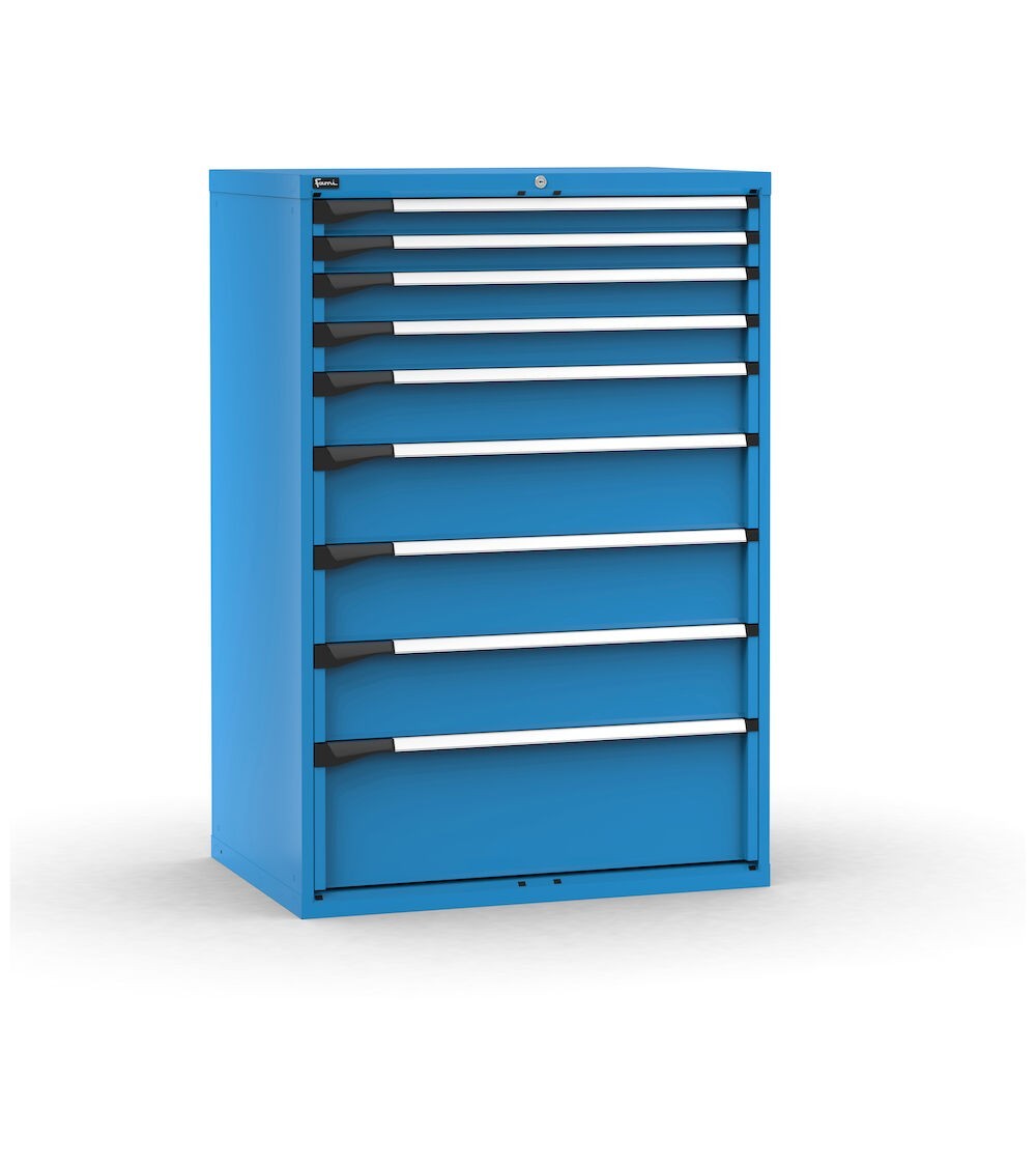 Cassettiera porta attrezzi, 9 cassetti 2x75 2x100 1x150 3x200 1x300, L1020 x P726 x H1500 mm