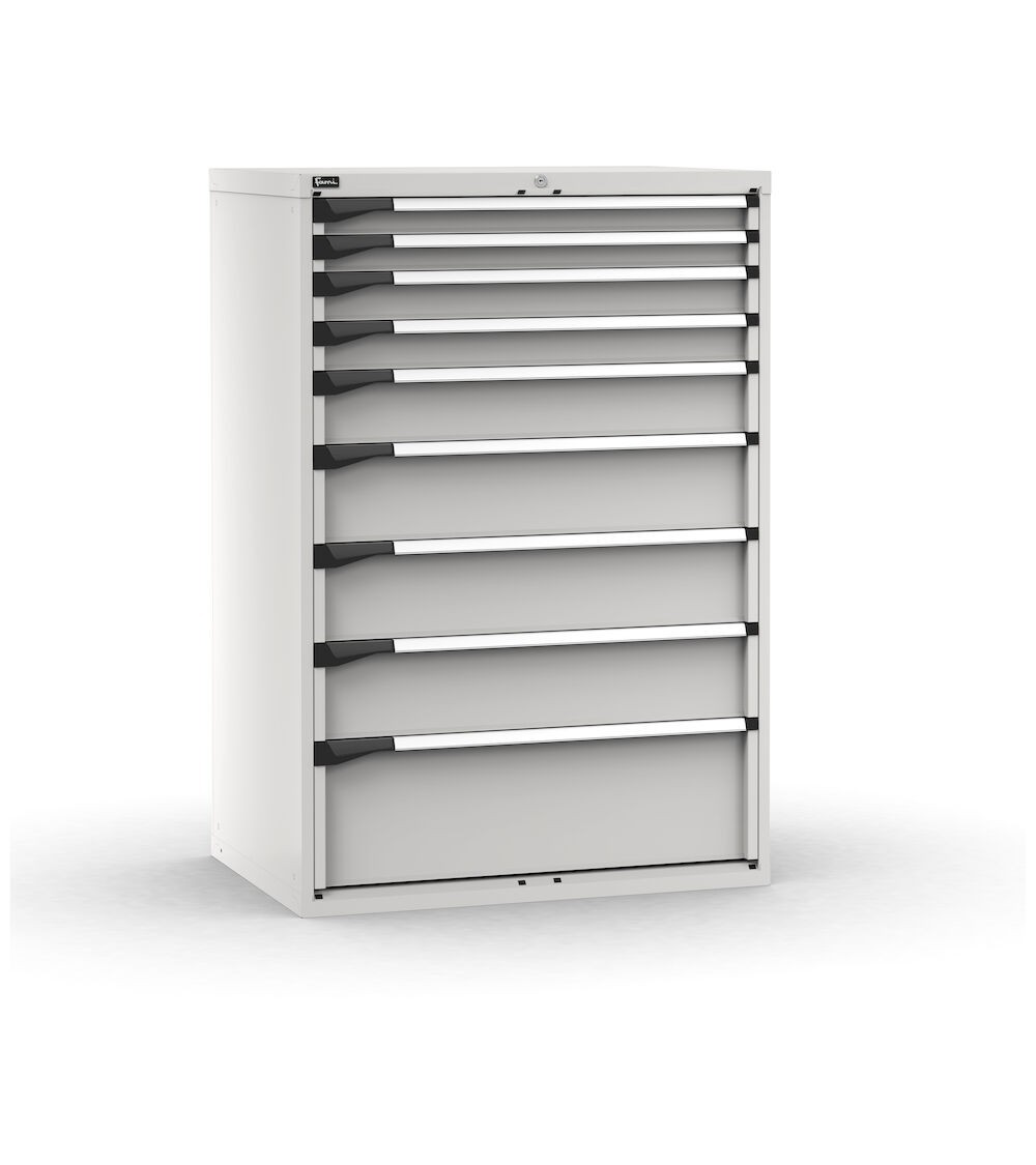 Cassettiera porta attrezzi, 9 cassetti ad estrazione telescopica 2x75 2x100 1x150 3x200 1x300, L1020 x P726 x H1500 mm