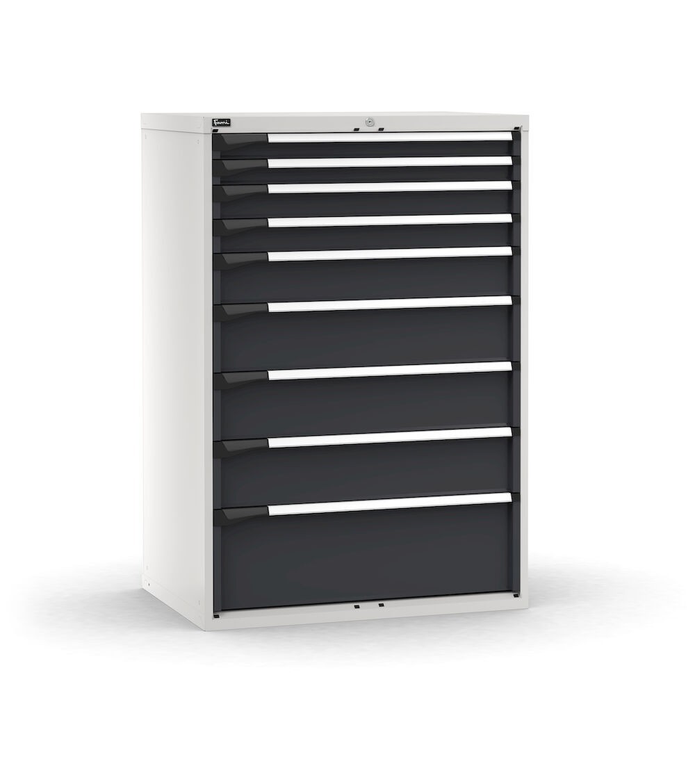 Cassettiera porta attrezzi, 9 cassetti ad estrazione telescopica 2x75 2x100 1x150 3x200 1x300, L1020 x P726 x H1500 mm