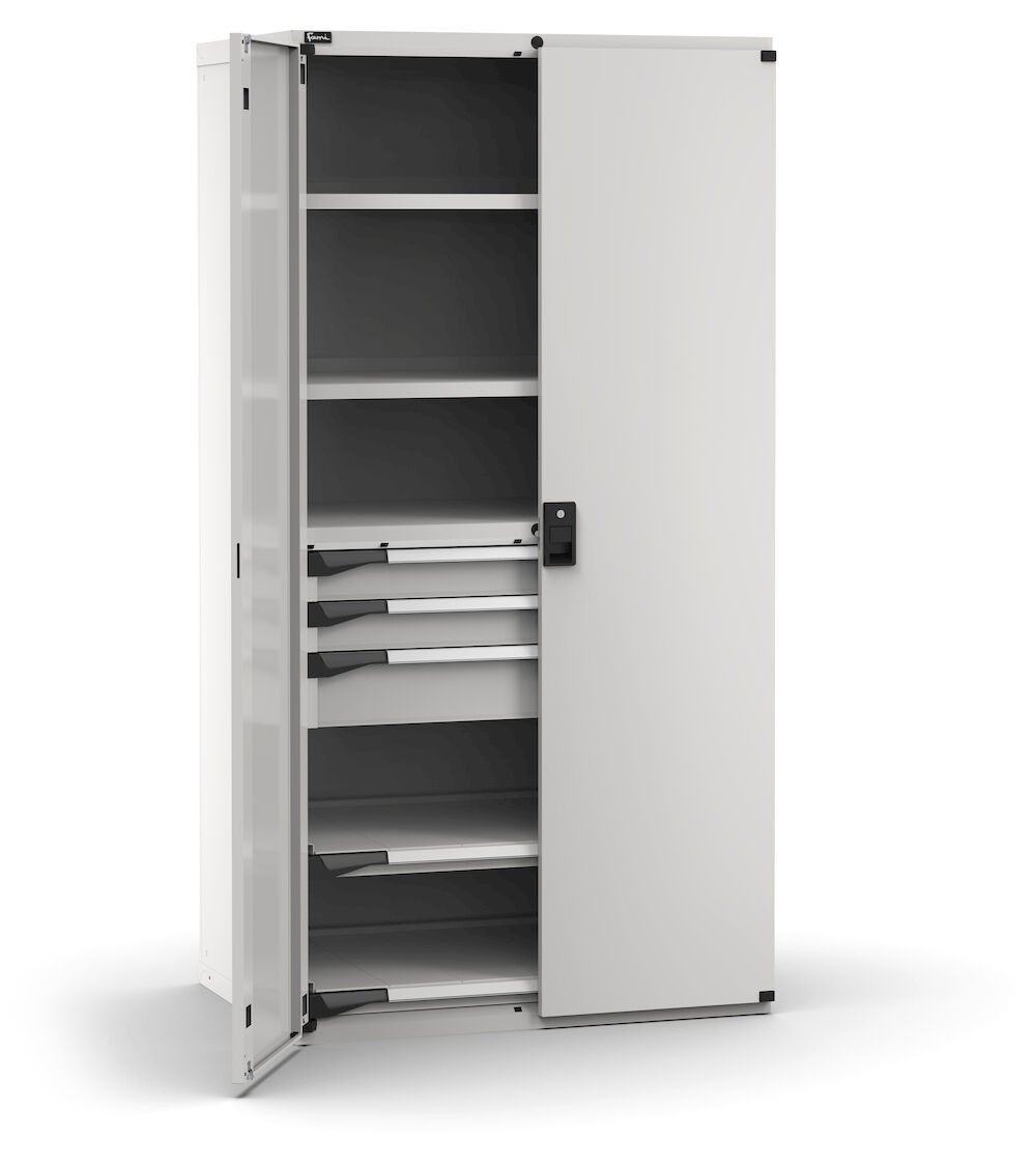 Armadio portautensili con porte a 3 cassetti, 2 piani regolabili, 2 piani estraibili, L1020 x P726 x H2000 mm