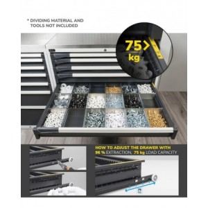 Cassettiera porta attrezzi con ruote, 7 cassetti  2x75 3x100 2x150, L1020 x P726 x H1072 mm