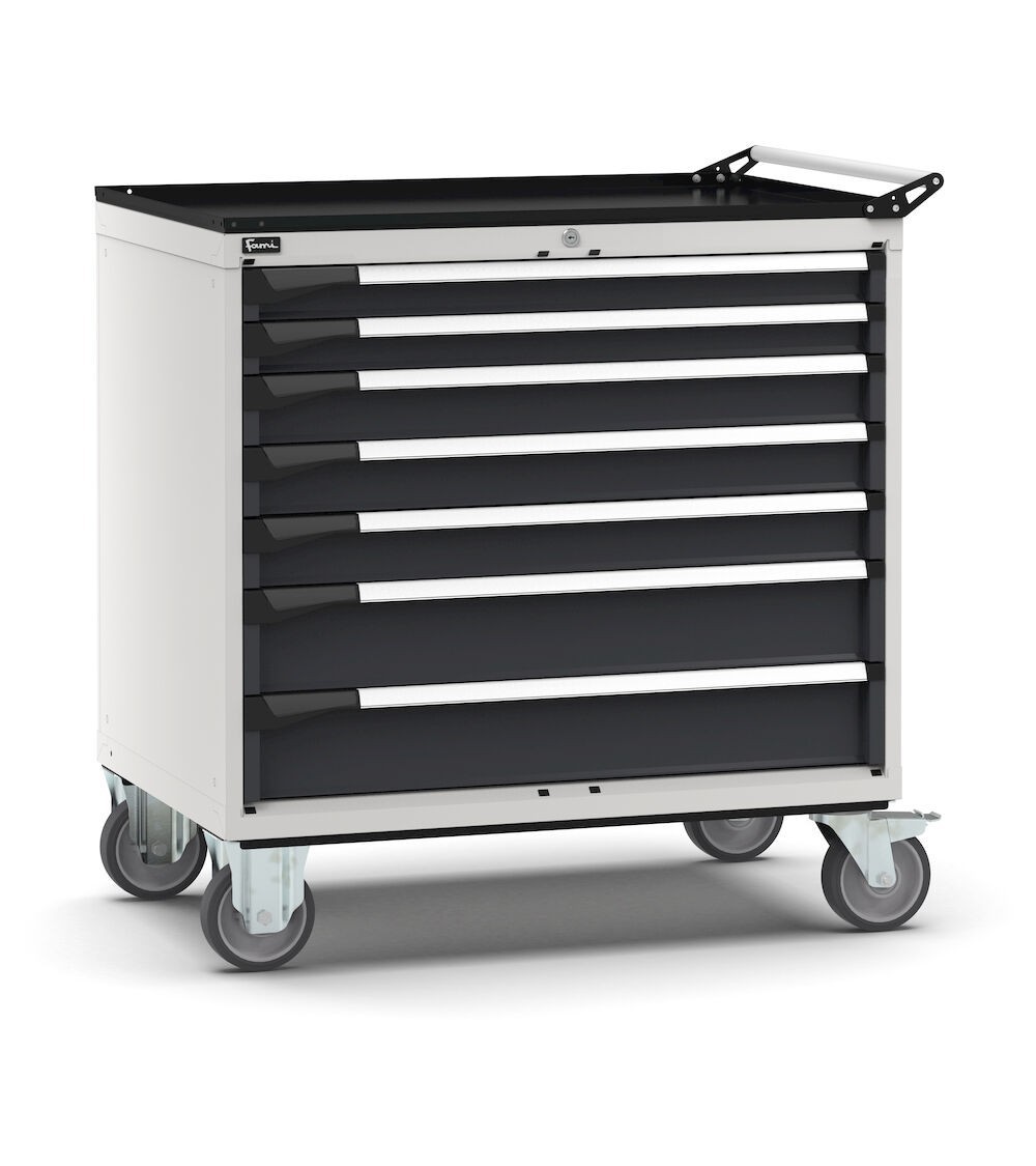 Cassettiera porta attrezzi con ruote, 7 cassetti  2x75 3x100 2x150, L1020 x P726 x H1072 mm