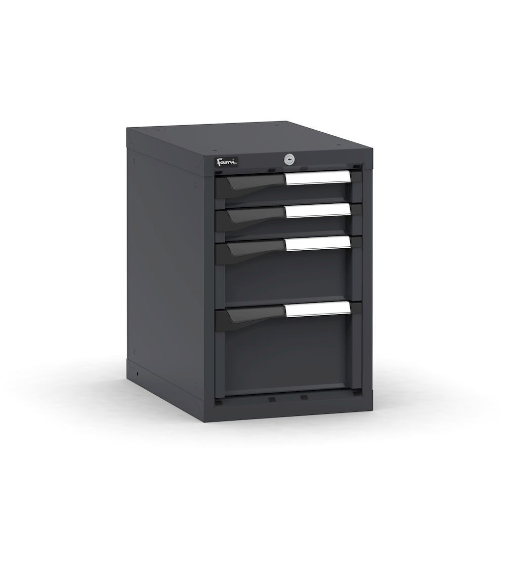 Blocco cassettiera da banco, 4 cassetti 2x75 1x150 1x200, L408 x P573 x H600 mm