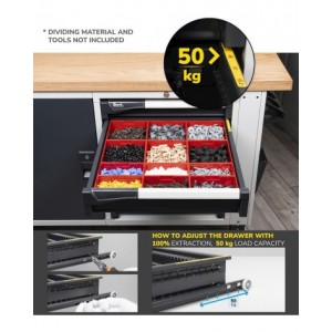 Cassettiera porta attrezzi con ruote, 5 cassetti 1x50 2x75 1x200, L408 x P573 x H822 mm