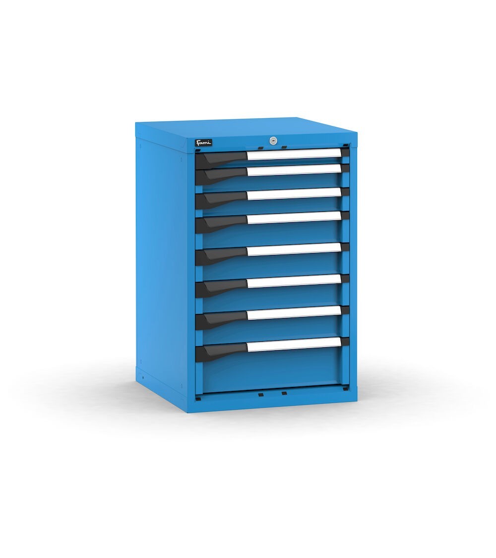Blocco cassettiera da banco, 8 cassetti 1x50 2x75 4x100 1x150, L561 x P573 x H850 mm