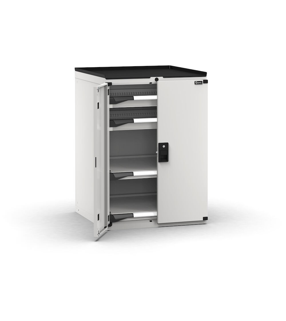 Armadietto portautensili con 2 ante a battente,  2 cassetti, 2 piani estraibili, L714 x P726 x H1022 mm