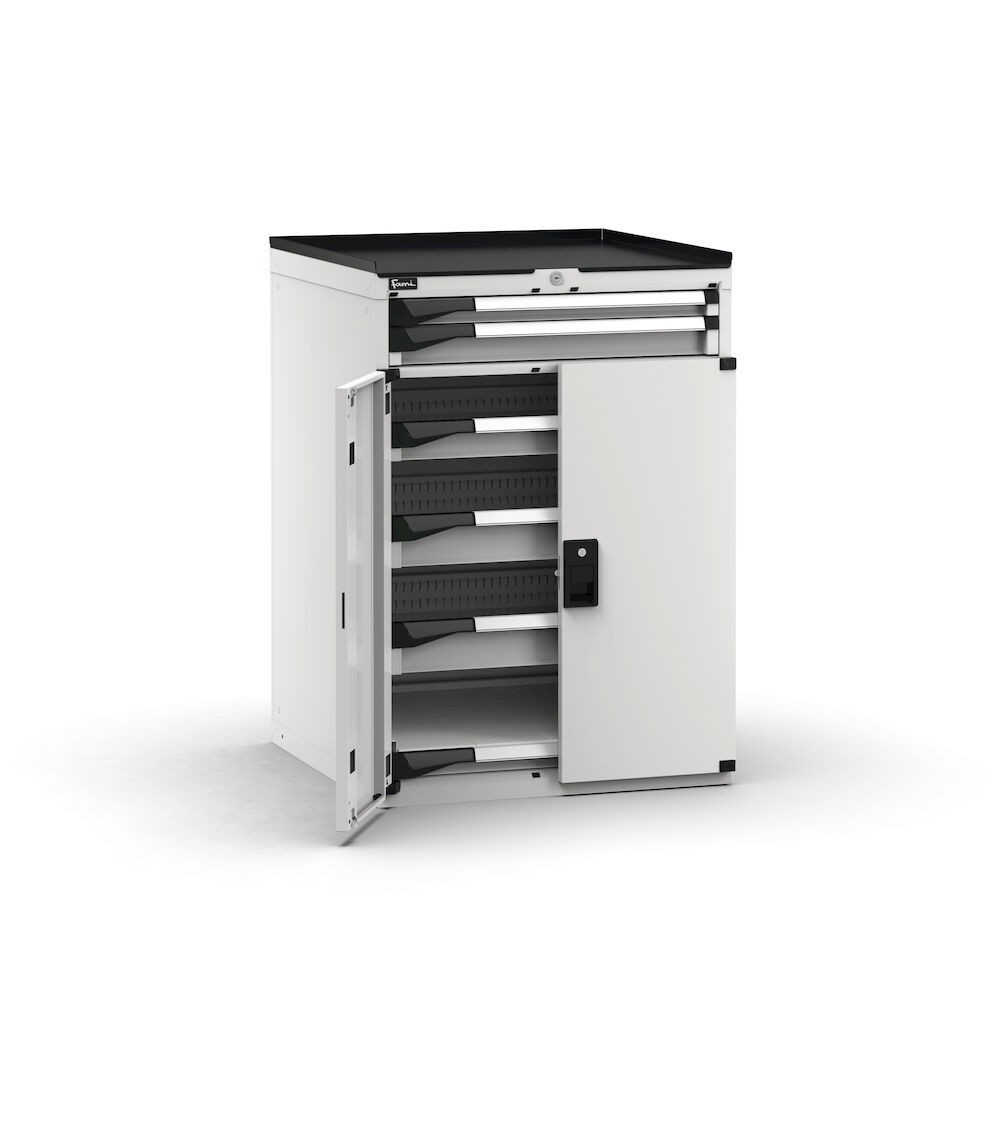 Armadietto portautensili con porte, 5 cassetti 1x50 2x75 2x100 e 1 piano ad estrazione telescopica, L714 x P726 x H1022 mm