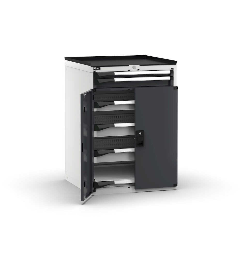 Armadietto portautensili con porte, 5 cassetti 1x50 2x75 2x100 e 1 piano ad estrazione telescopica, L714 x P726 x H1022 mm