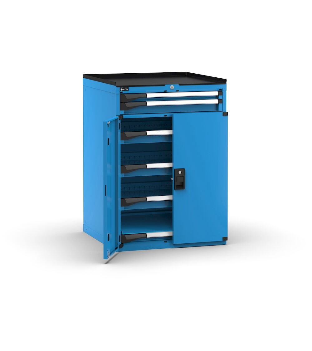 Armadietto portautensili con porte, 5 cassetti 1x50 4x75, 1 piano estraibile, L714 x P726 x H1022 mm