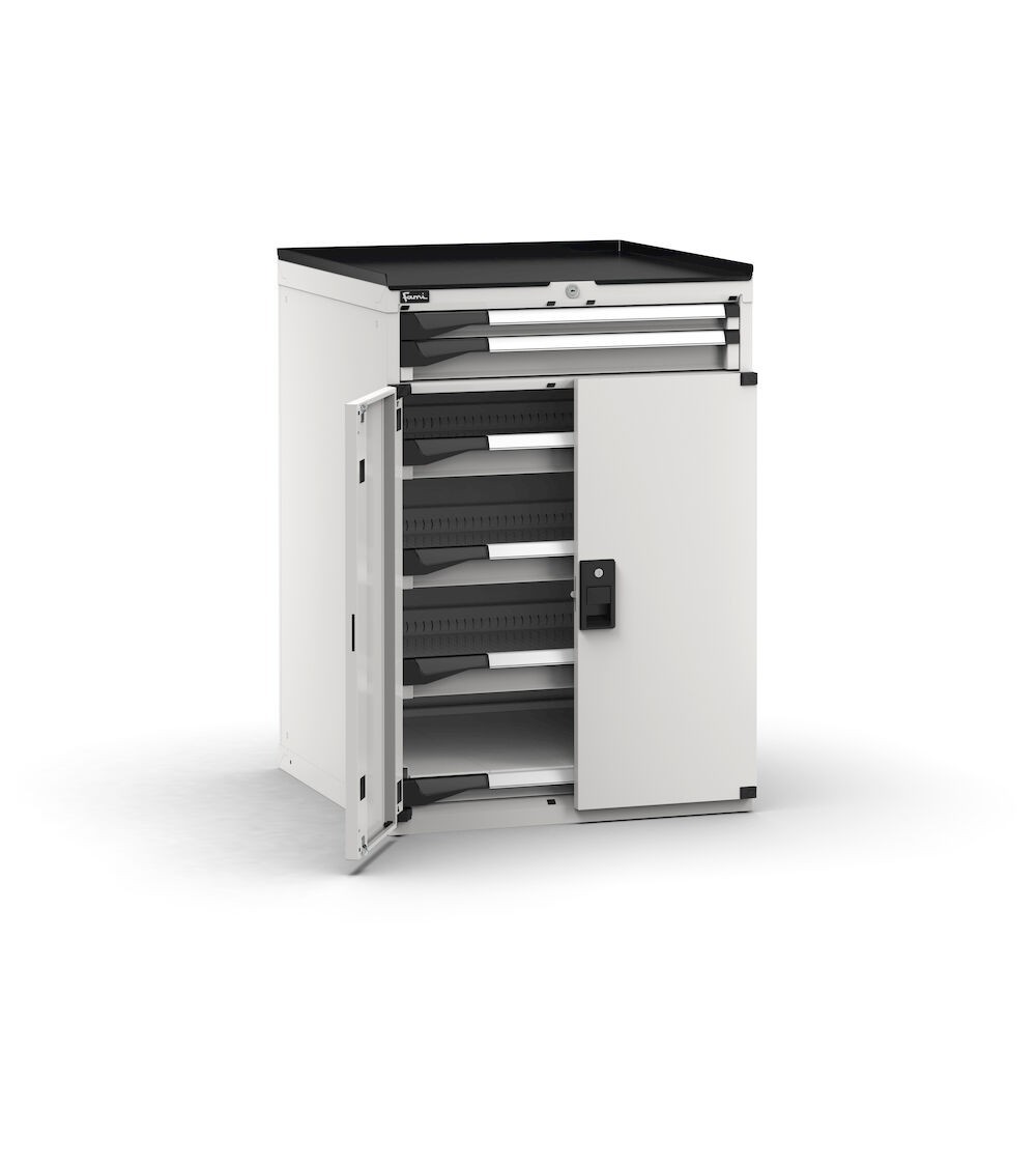 Armadietto portautensili con porte, 5 cassetti 1x50 4x75 e 1 piano ad estrazione telescopica, L714 x P726 x H1022 mm