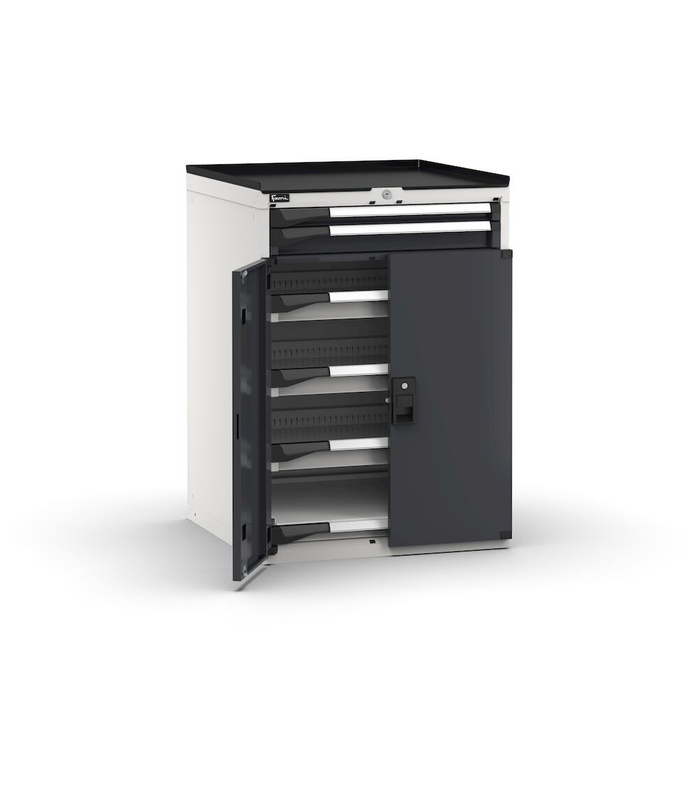 Armadietto portautensili con porte, 5 cassetti 1x50 4x75 e 1 piano ad estrazione telescopica, L714 x P726 x H1022 mm