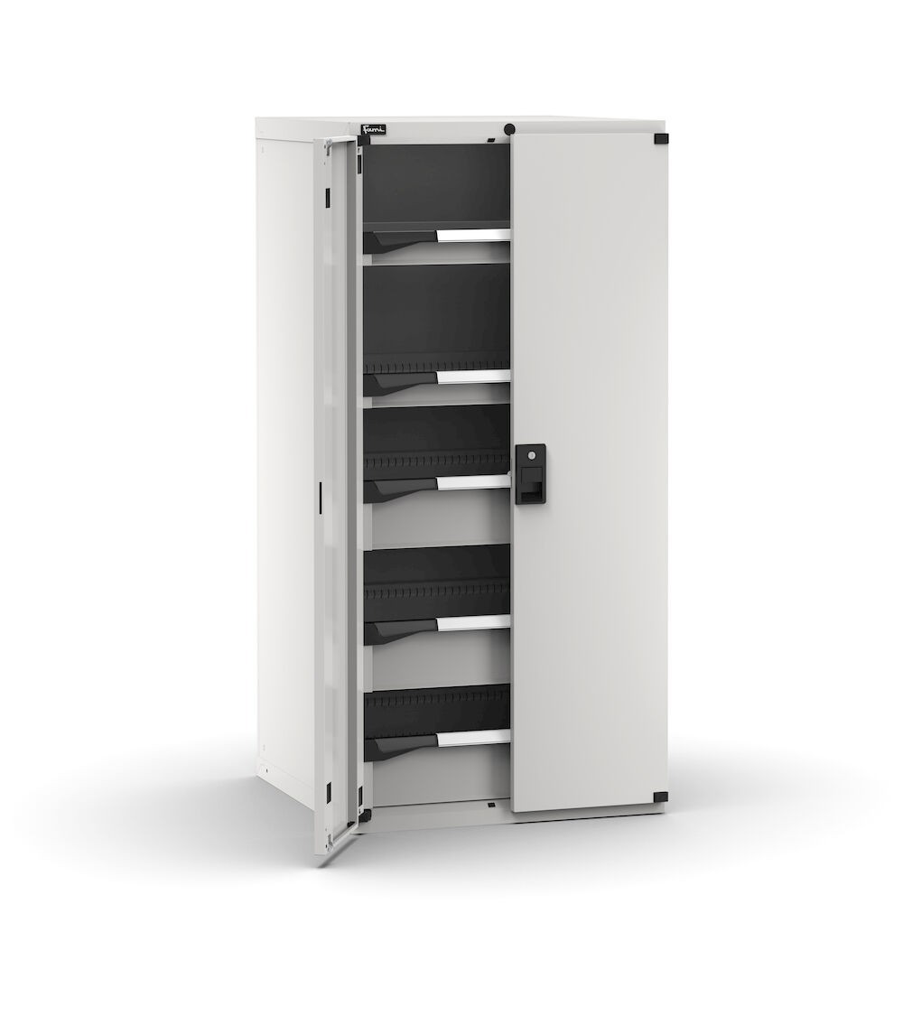 Armadietto portautensili con 2 ante a battente, 5 cassetti 2x75 3x150, L714 x P726 x H1500 mm