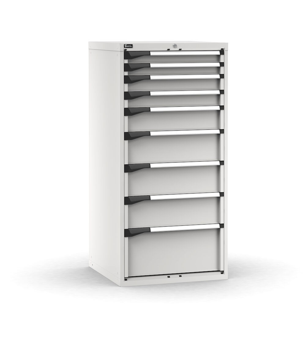 Cassettiera porta attrezzi, 9 cassetti 2x75 2x100 1x150 3x200 1x300, L714 x P726 x H1500 mm