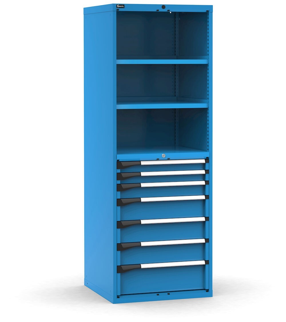 Armadio portautensili a 7 cassetti e 2 piani regolabili, L714 x P726 x H12000 mm