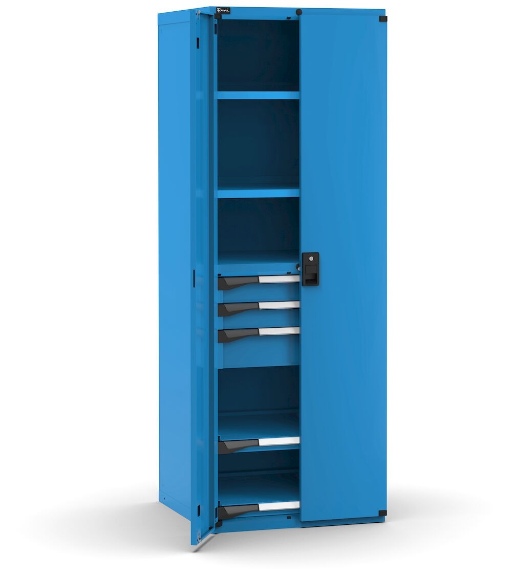 Armadio portautensili con porte a 3 cassetti, 2 piani regolabili, 2 piani estraibili, L714 x P726 x H12000 mm