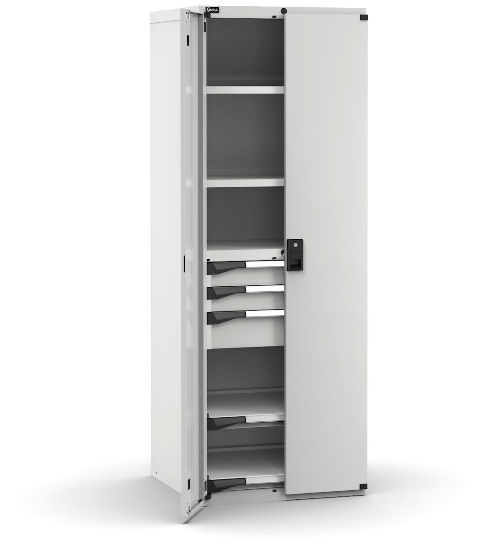 Armadio con porte, 3 cassetti a estrazione telescopica, 2 piani regolabili e 2 estraibili, L714 x P726 x H1200 mm